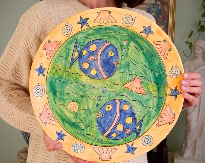 Large 80's Spanish Pottery Wall Plate Hand Painted Nautical Naive , Mediterranean Decor