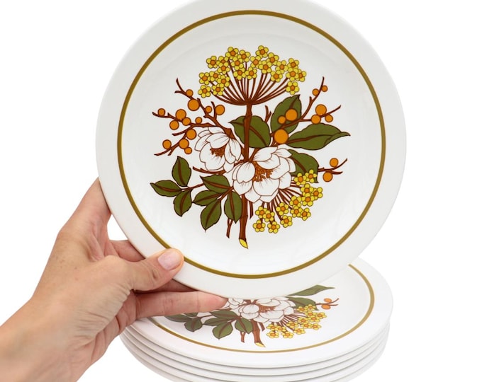 6 Mid Century Floral Starter Salad Plates by Midwinter Meadowsweet Pattern C 1970's 8.7'' Diameter, Autumn Dinnerware