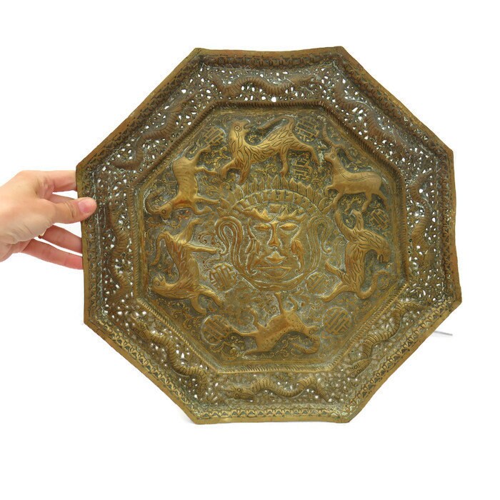 Antique Chinese? Octagonal Embossed Brass Charger Tray Wall Decor W 40 cm