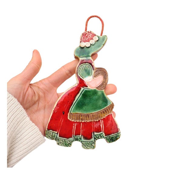 Vintage Handmade Crinoline Lady Wall Plaque 7 '' Ceramic Girl With Red Dress Wall Plaque