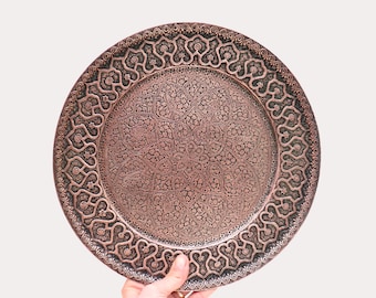 Vintage Kasmir Engraved Copper Tin Tray 12.2'' , Indian Kashmir Copper Tray, Ornate Copper Tray