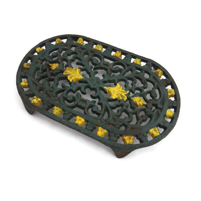 Cast Iron Trivet Pot Stand Made in England Pot Holder Green Yellow
