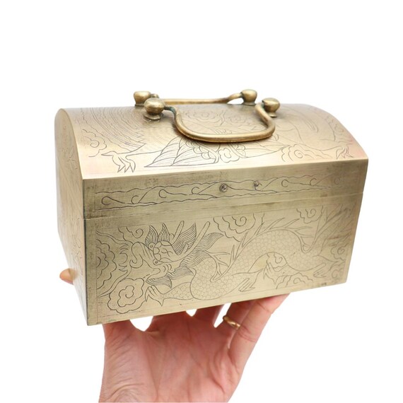 Mid Century Chinese Brass Lidded Chest Box With Pearl Chasing Dragon Engraved Decoration