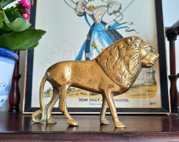 Antique Solid Brass Lion Sculpture Figurine Ornament C 1920's