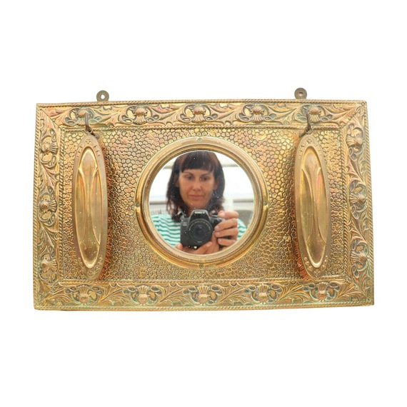 Antique Brass Hall Mirror *Last Look* & Clothes Brushes Decorated With Thistles, Vintage Hall Mirror
