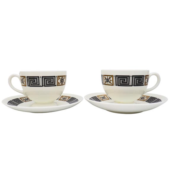 Wedgwood Asia Black 2 Tea Cups and Saucers Greek Key Pattern, English Bone China Tea Cups
