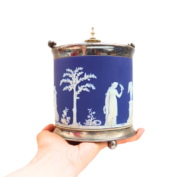 Antique Wedgwood Blue and White Jasperware Biscuit Barrel Neoclassical Made In England 19th Century