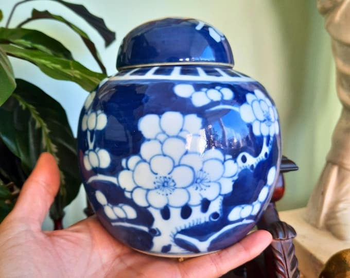 Vintage Blue and White Prunus Ginger Jar Hand Painted Chinese Vase, 6.2"