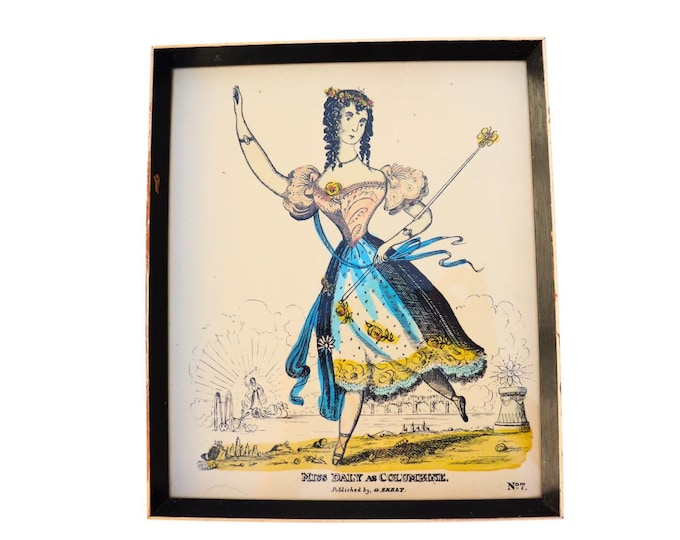 Framed Hand-Coloured Engraving: Miss Dally as Columbine, Commedia Del'Arte Decor