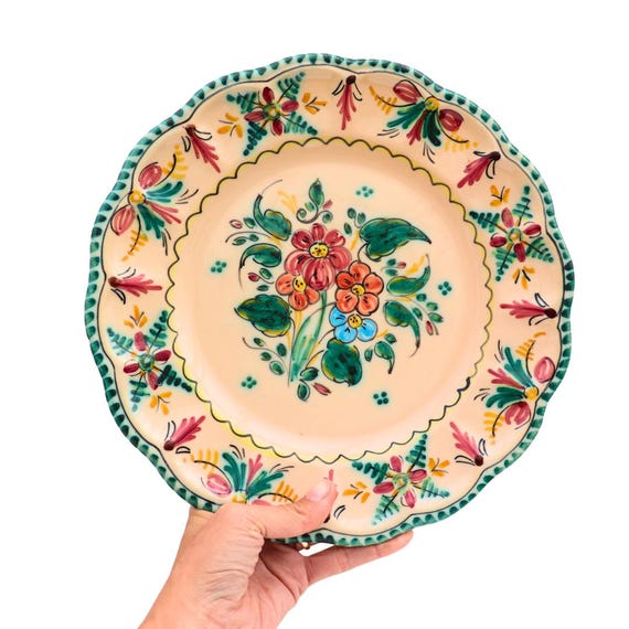 Vintage Ceramic Wall Plate Made In Canary Islands in Spain Hand-Painted Flowers 11.7 in Diameter