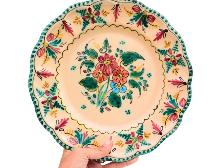 Vintage Ceramic Wall Plate Made In Canary Islands in Spain Hand-Painted Flowers 11.7 in Diameter