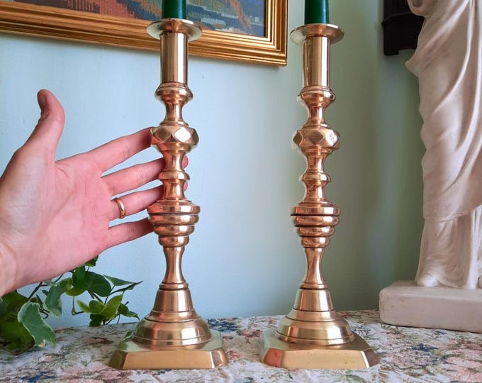 Antique Large Pair Of Victorian Beehive Brass Candlesticks Holders Pair H 30 cm