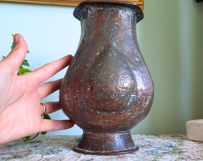 Antique Middle Eastern Hand Engraved Copper Vase H 9'' 1800's WATERTIGHT