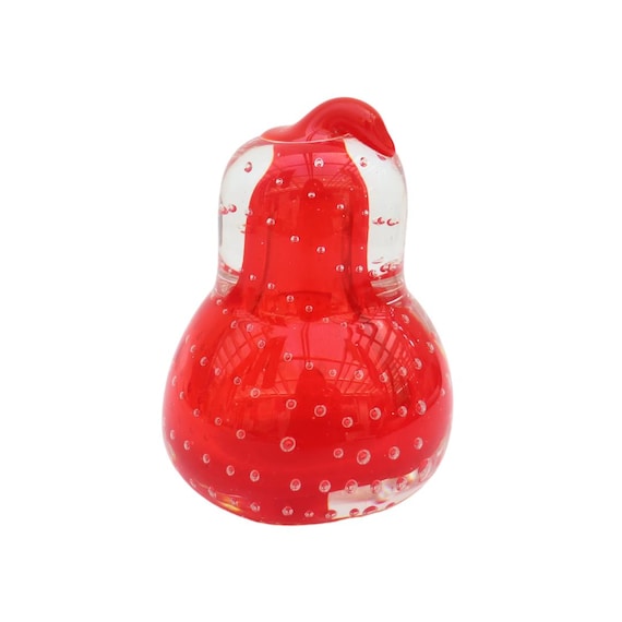 Mid Century Mount Royal Red & Clear Pear Shaped Art Glass Paperweight Ornament with Controlled Bubbles And Original Sticker