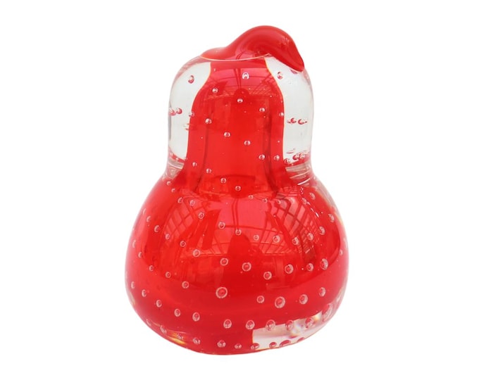 Mid Century Red Art Glass Pear Paperweight: Mount Royal Controlled Bubbles