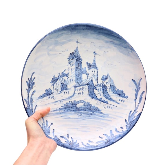 Large Albisola Italian Ceramic Hand Painted Castle Wall Plate Mediterranean Wall Decor D 13.7''