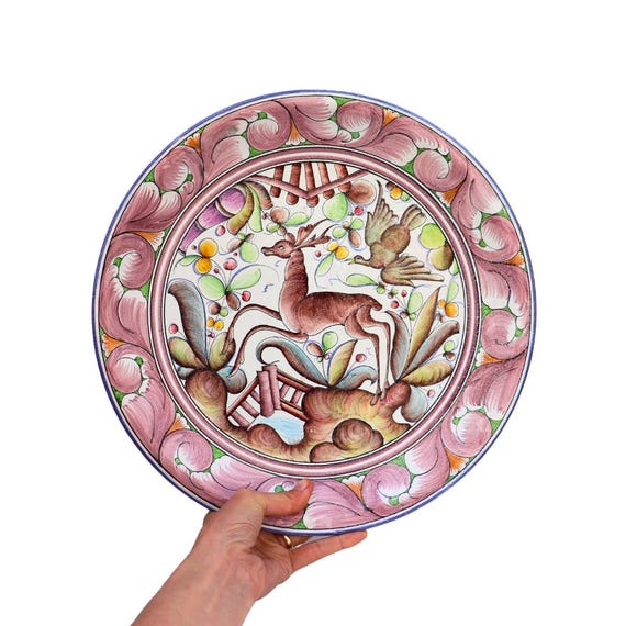 Large 14.2'' Coimbra Ceramics Hand-Painted Decorative Wall Plate XVII Century Recreation Deer Scene Castlecore Medieval  Decor
