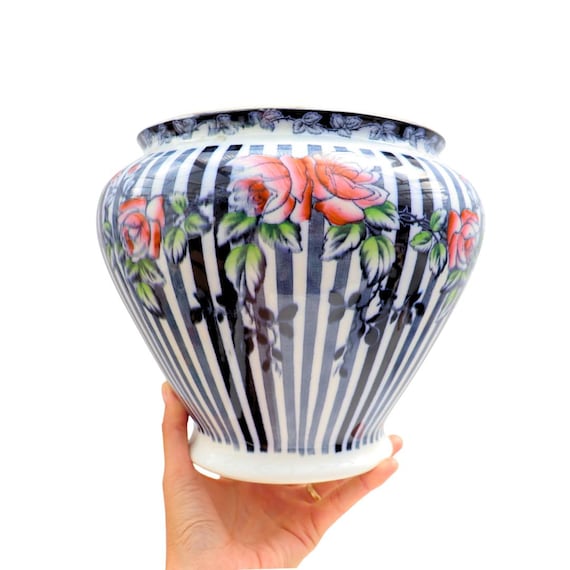 Rare Antique Edwardian Burleigh Ware Planter: Blue Stripes & Roses, C1910