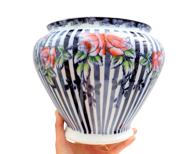 Rare Antique Edwardian Burleigh Ware Planter: Blue Stripes & Roses, C1910