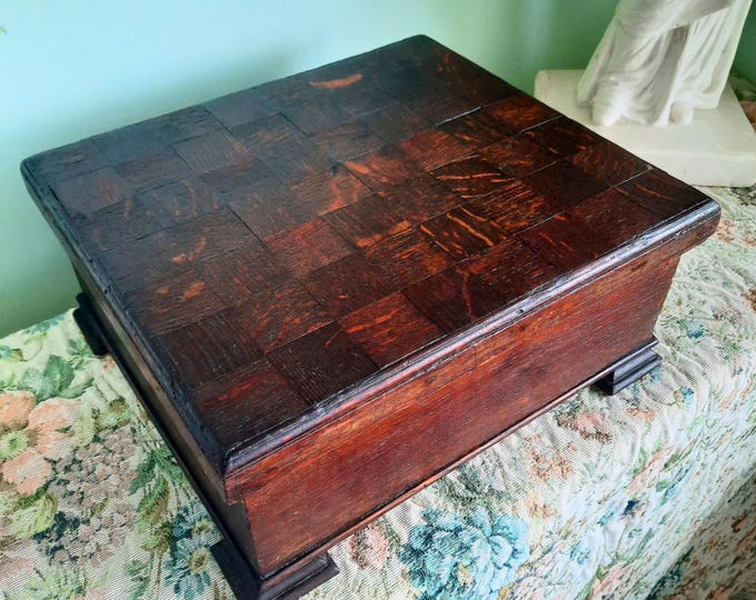 Antique Handcrafted Wooden Footstool With Check Pattern C 1920's. , Cottage Core Decor