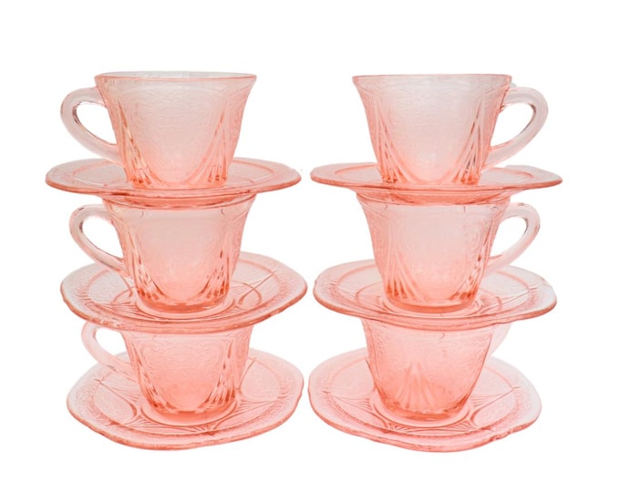 6 Art Deco Pink Pressed Glass Tea Cups and Saucers By Hazel Atlas Royal Lace Pattern Very Good Condition.