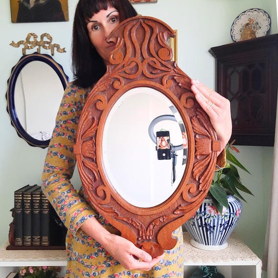 Antique Hand-Carved Wooden Oval Mirror: Arts and Crafts Decor