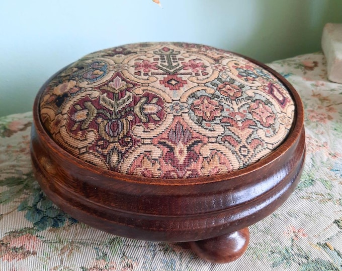 Handcrafted Small Round Footstool With Tapestry Upholstery and Bun Feet, Cottage Core Decor