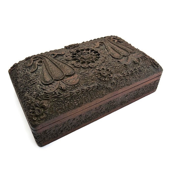 Antique Indian 3 D Hand Carved Wooden Jewellery Box Trinket Box Keep