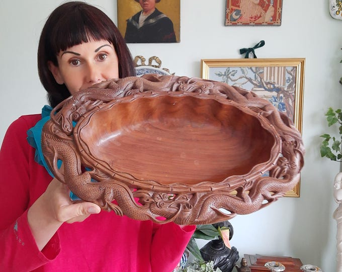 Mid Century South East Asia Teak Wood Bowl: Hand Carved Dragons, Asian Centerpiece