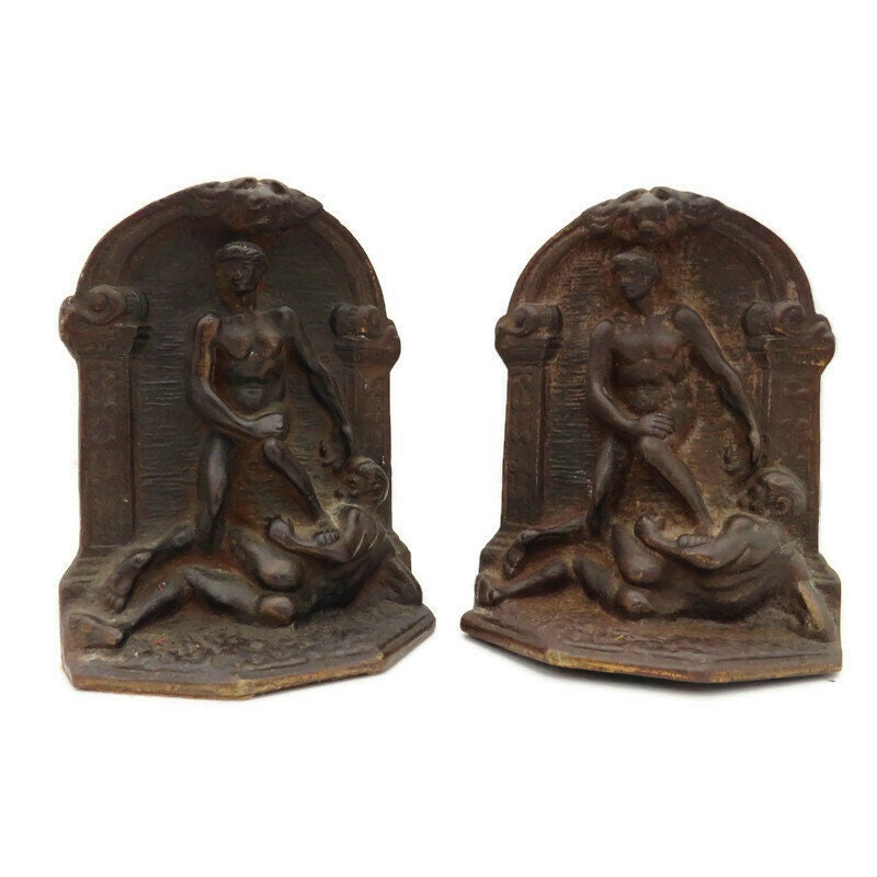 Antique Cast Iron Metal Bookend Pair BY Verona Classical Style Nude Men