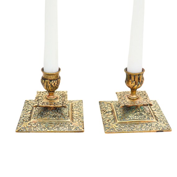 Antique Victorian Brass Candlesticks in the Gothic revival style, Ornate Brass Candle Holders, Truly antique Candleholders