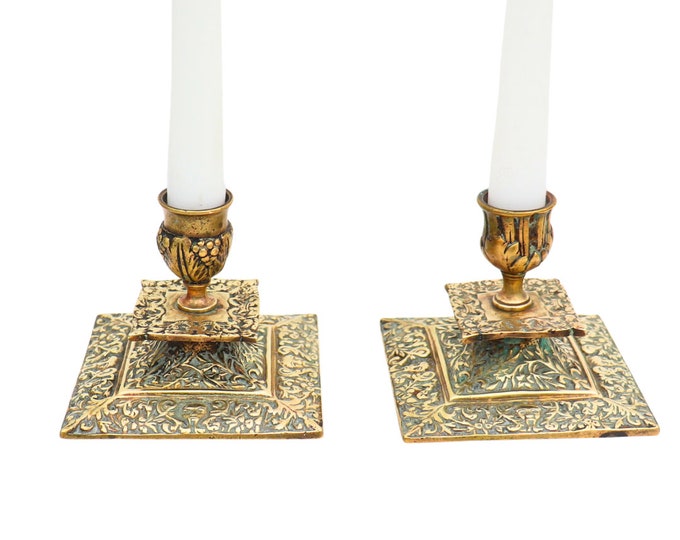 Antique Victorian Brass Candlesticks: Gothic Revival Ornate Candle Holders