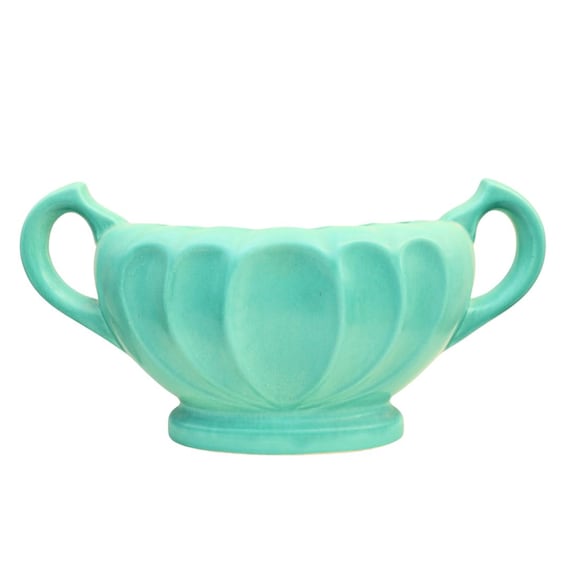 Large Mid Century English Stoneware Boat Shaped Vase with Handles, Mantel Vase In Turquoise Green.
