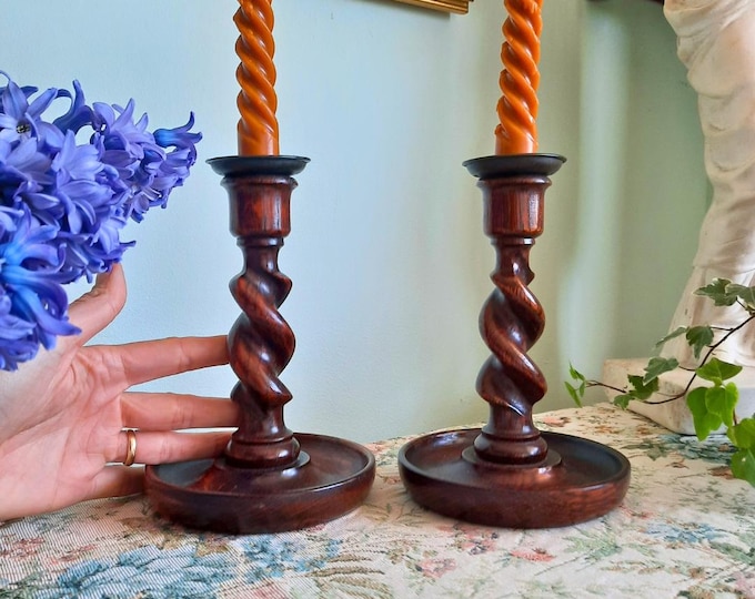 Old English Barley Twist Wooden Candleholders H 7.2 C 1940's,