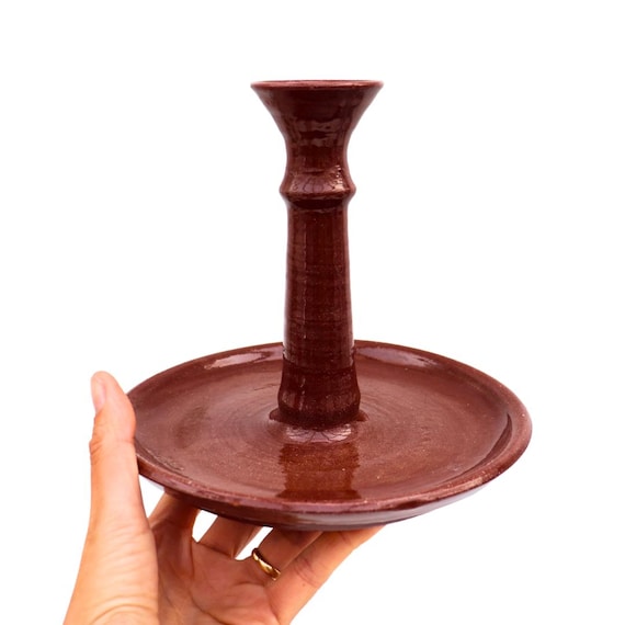 Vintage Large Dark Brown Rustic Studio Pottery Candleholder With Wide Flat Base