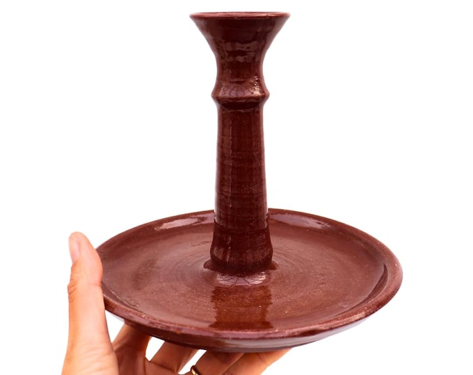 Vintage Large Dark Brown Rustic Studio Pottery Candleholder With Wide Flat Base