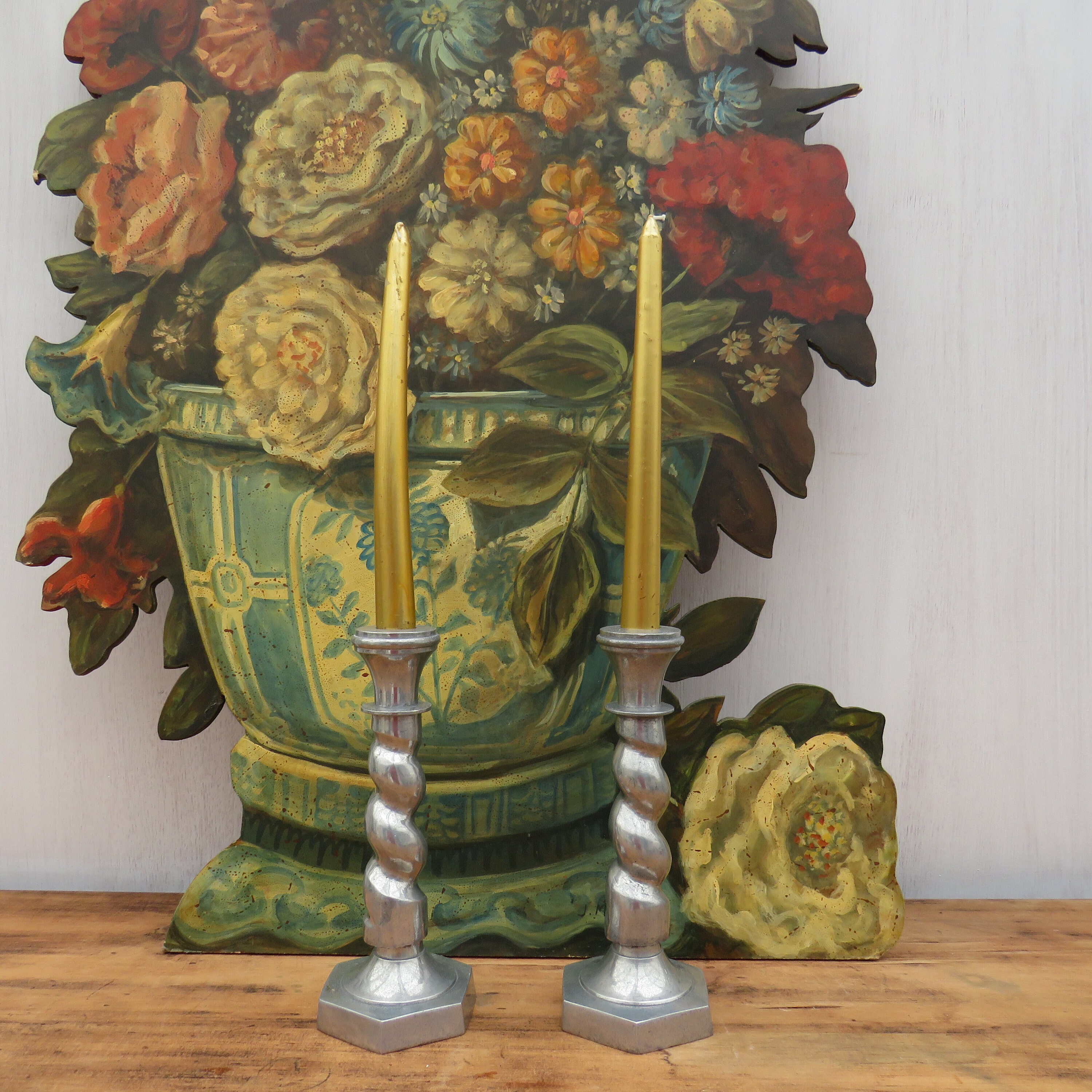 Vintage Aluminium Barley Twisted Candle Holders Hexagonal Base H 22 cm.