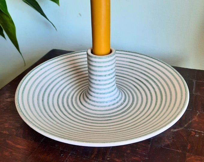Scandinavian Swedish  Studio Pottery Candle Holder Green Stripes Minimalist Paradis Verkstaden, Oland