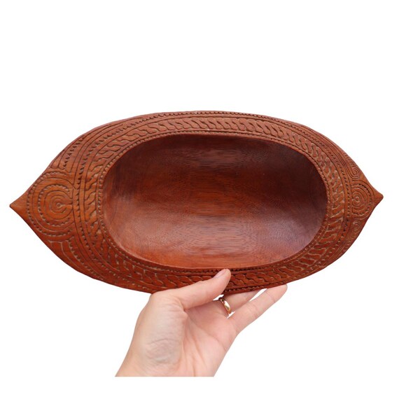 Small Hand Carved Ethnic Bowl Boat Shaped, Eclectic Vintage Carved Wooden Bowl