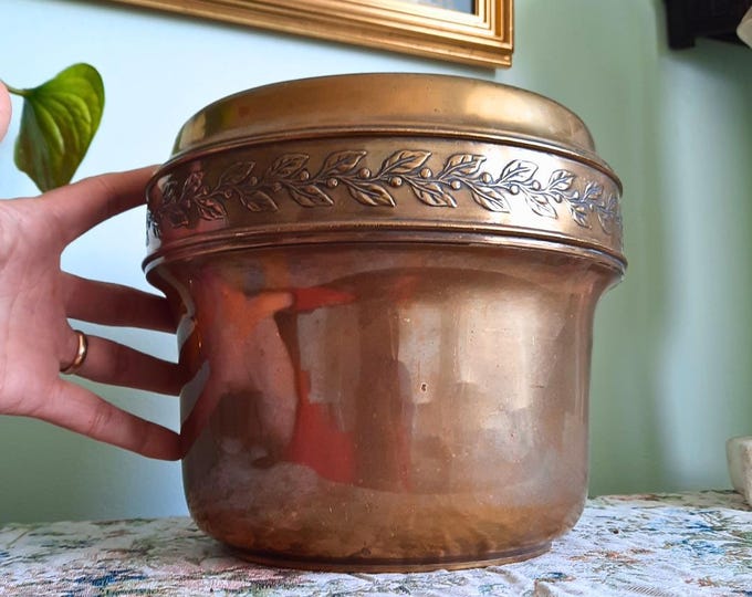 Large Antique Art Nouveau Round Brass Jardiniere With Embossed Leaves Made In England H C 1910's