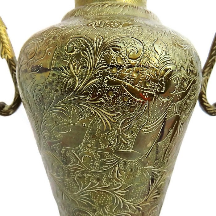 Antique Indian Engraved Brass Urn Vases With Cobra Snake Handles Pair