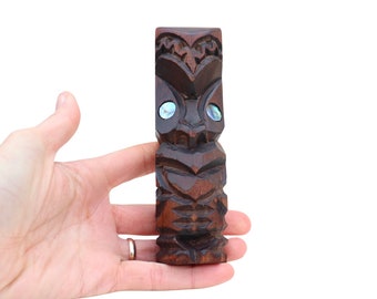 Small Tekoteko Sculpture Totem with Paua shell eyes, New Zealand native wood carving.