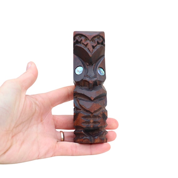Small Tekoteko Sculpture Totem with Paua shell eyes, New Zealand native wood carving.