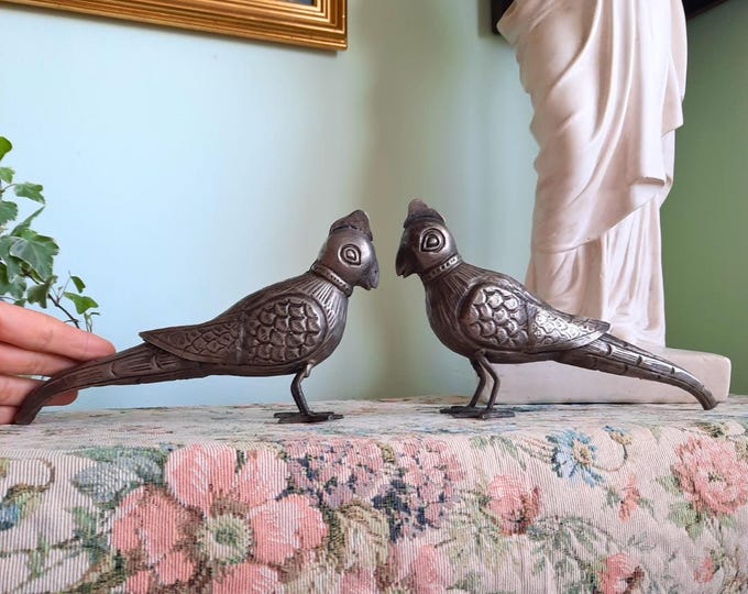 RARE Vintage Pair Of South Indian Handcrafted Tin White Metal Parrots Long 9''