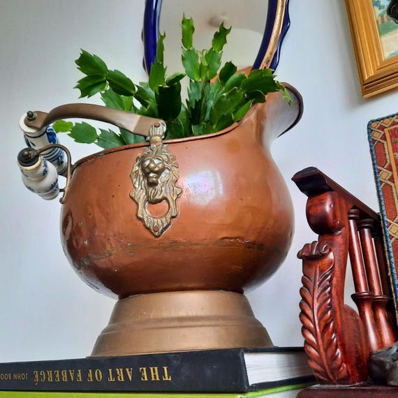 Large  Copper & Ceramic Handle Planter Lions Head Jardiniere. Fireplace Coal Scuttle