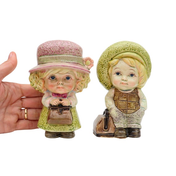 Mid Century Ceramic  Boy and Girl Figurines,  Little Boy  and Girl holding travelling bags, Cute Vintage Nursery room decor