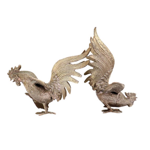Large Mid Century Italian Pair of White Metal Fighting Roosters Statuettes Figurines