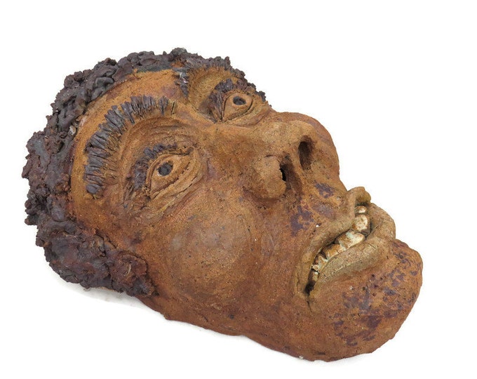 Large Grotesque Clay Male Face Mask Sculpture - Bizarre Art, 14"