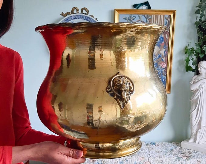Vintage Huge Lion's Heads Handles Brass Jardiniere Plant Pot H 13.5'' Victorian Style