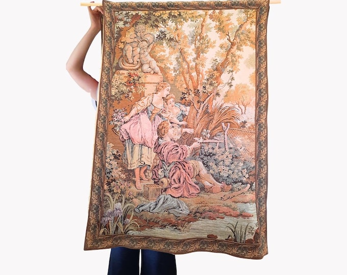 Large French Vintage Wall Tapestry Rococo Pastoral Scene French Aubusson Style 130 cm Tall